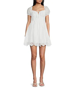 Blu Pepper Short Puff Sleeve Tie Front Eyelet Trim Dress - M | Dillard's
