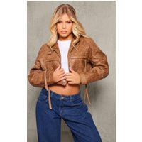Brown Faux Leather Distressed Cropped Biker Jacket | PrettyLittleThing US