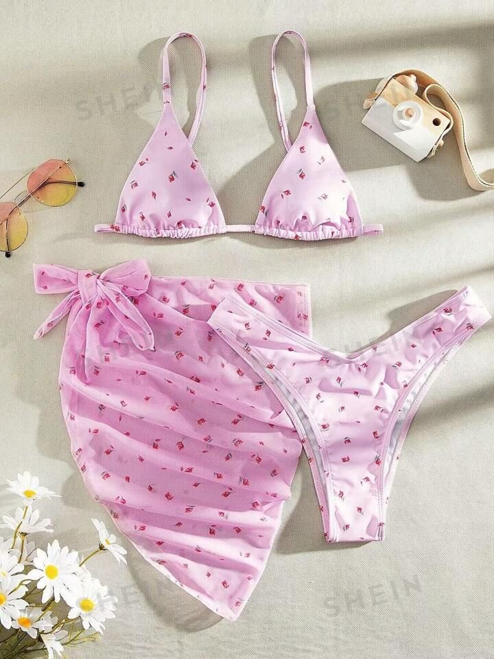 Floral Print Triangle Bikini Swimsuit With Beach Skirt | SHEIN