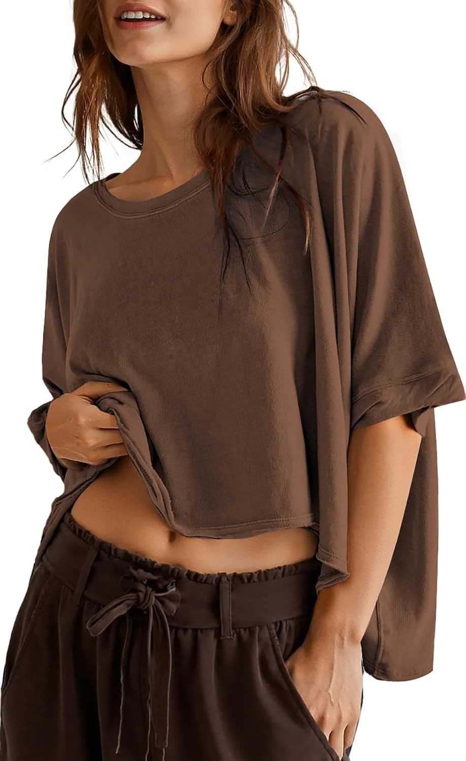 UEU Women's Summer Oversized Crop T-Shirt Loose Crewneck Boxy Top | Amazon (US)