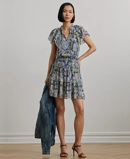 Lauren Ralph Lauren Women's Floral Ruffle-Trim Georgette Dress - Macy's | Macy's