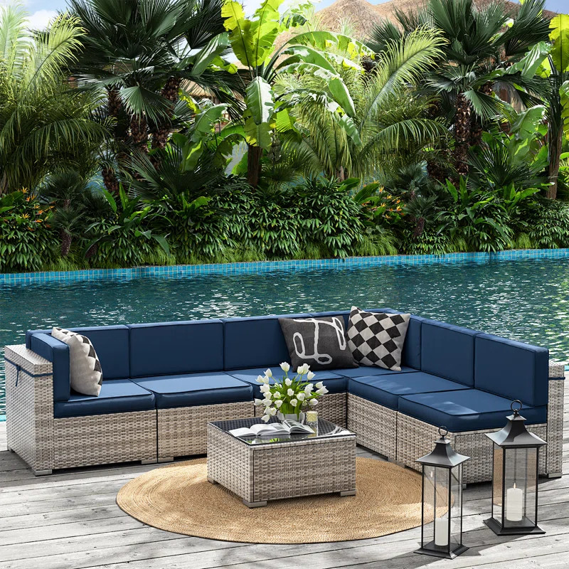 Marenna 7 Piece Rattan Sectional Seating Group with Cushions | Wayfair North America