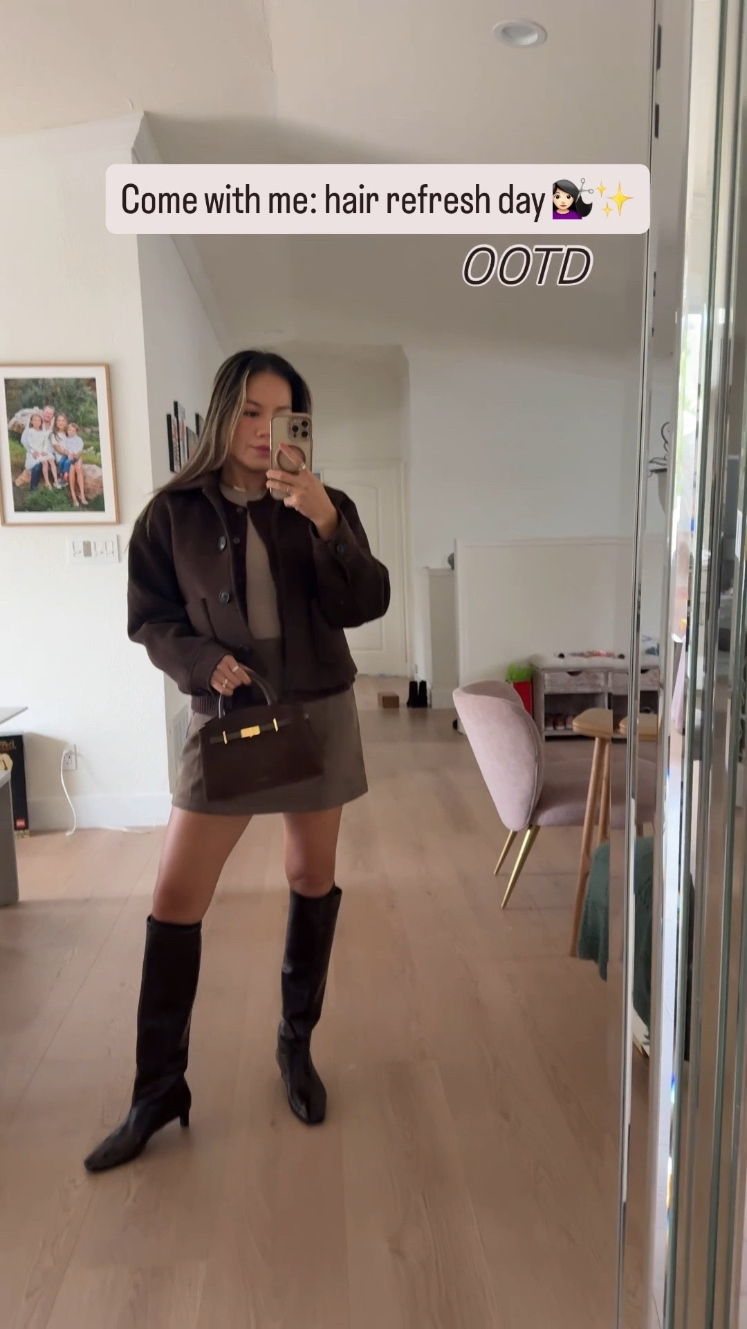 Brown monochromatic spring outfit. Brown faux suede skirt, bodysuit, wool cardigan worn under a wool cropped jacket. Dark chocolate brown boots and my new favorite suede bag from Demellier. 

#LTKOver40 #LTKootd