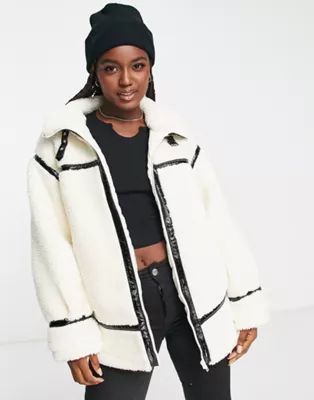 Miss Selfridge faux fur aviator oversized coat in ivory | ASOS (Global)