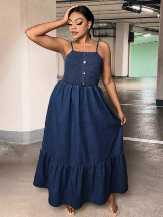 SHEIN Plus Button Front Ruffle Hem Cami Denim Dress | SHEIN