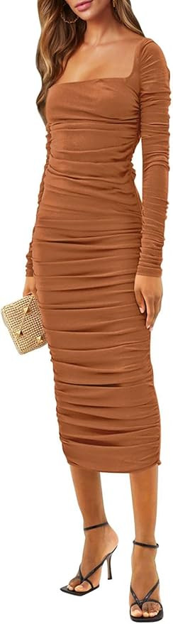 Pink Queen Women's 2023 Fall Sexy Ruched Bodycon Dress Square Neck Long Sleeve Backless Knit Part... | Amazon (US)