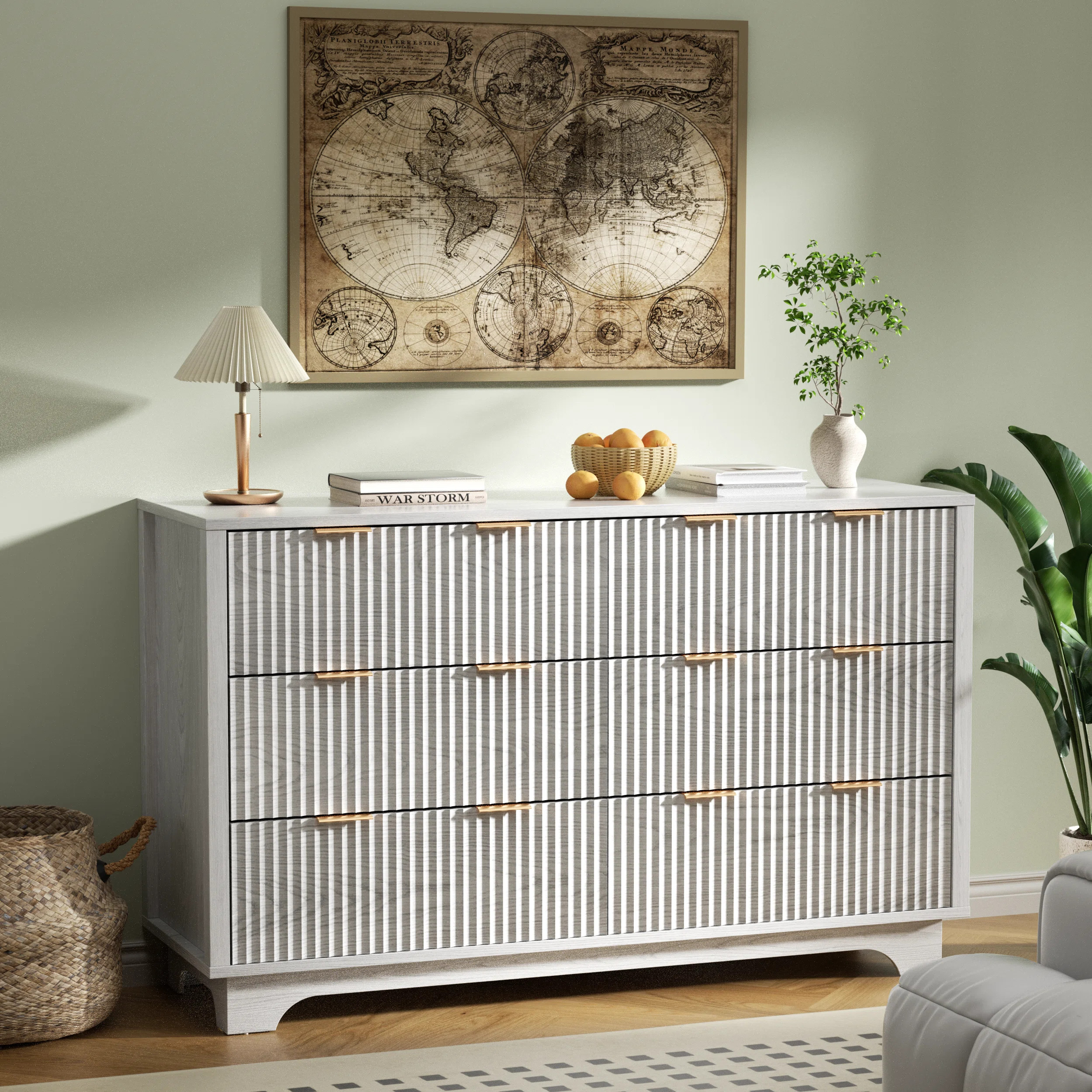 Fluted 6-drawer Dresser With Wave Pattern And Golden Handles, Wooden Wide Chest Of Drawers | Wayfair North America