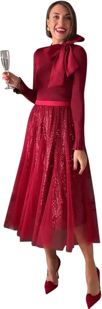 CHICWISH Sequins Tulle Skirts Elastic Waist Mesh Midi Holiday Flowy Layered Red Skirt | Amazon (US)