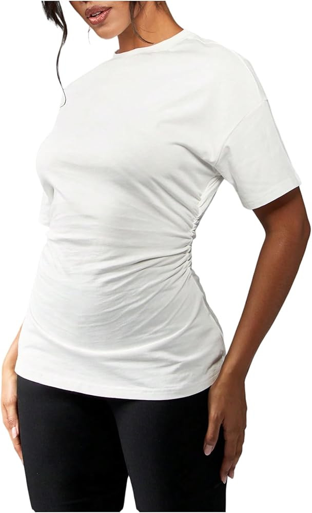 Floerns Women's Cinched Waist Tops Drop Shoulder Short Sleeve Ruched Casual Tee | Amazon (US)