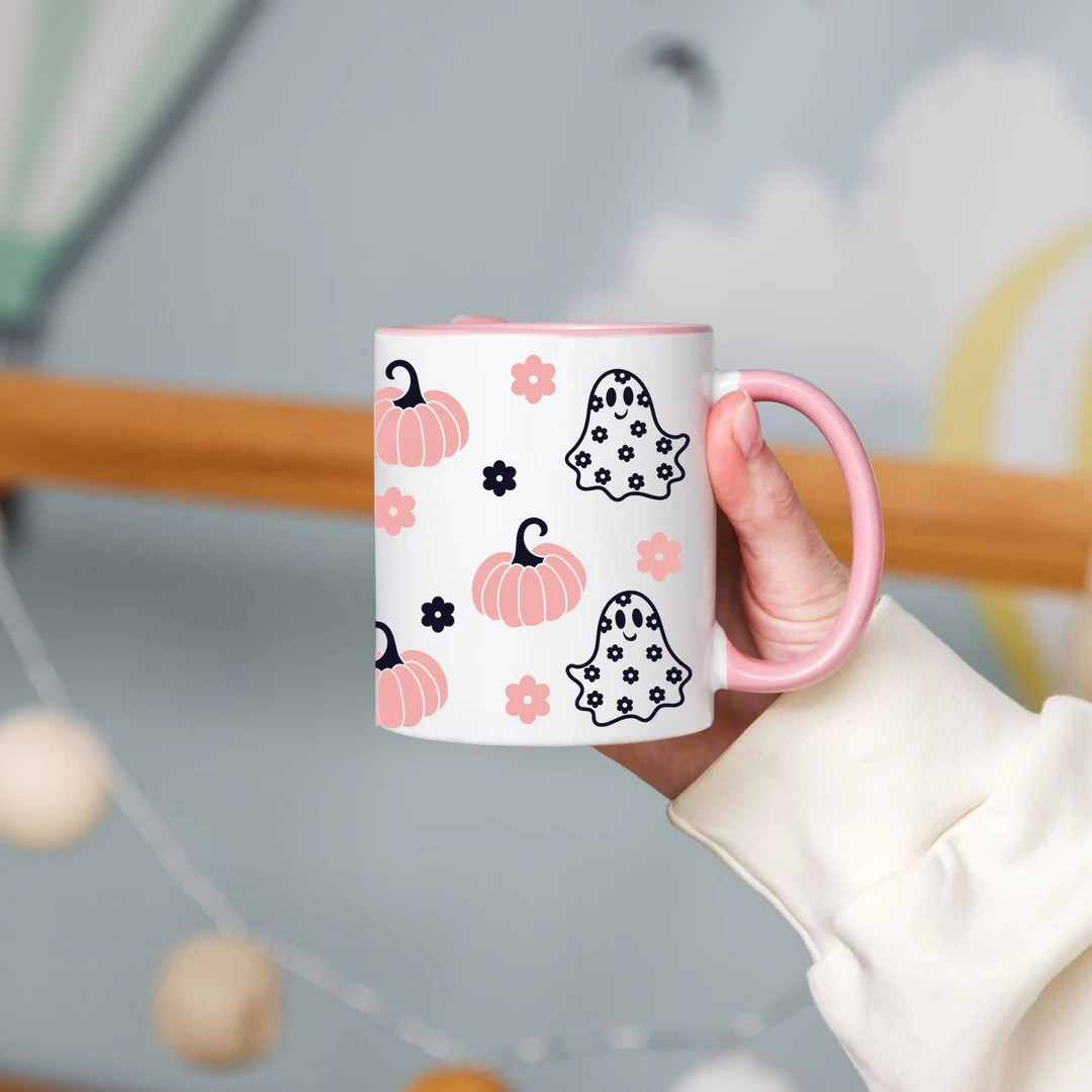 Pink Halloween Mug, New Boho Daisy Ghost Coffee Cup, Pink Pumpkins, Fall Mug, Retro Ghost Hot Coc... | Etsy (US)