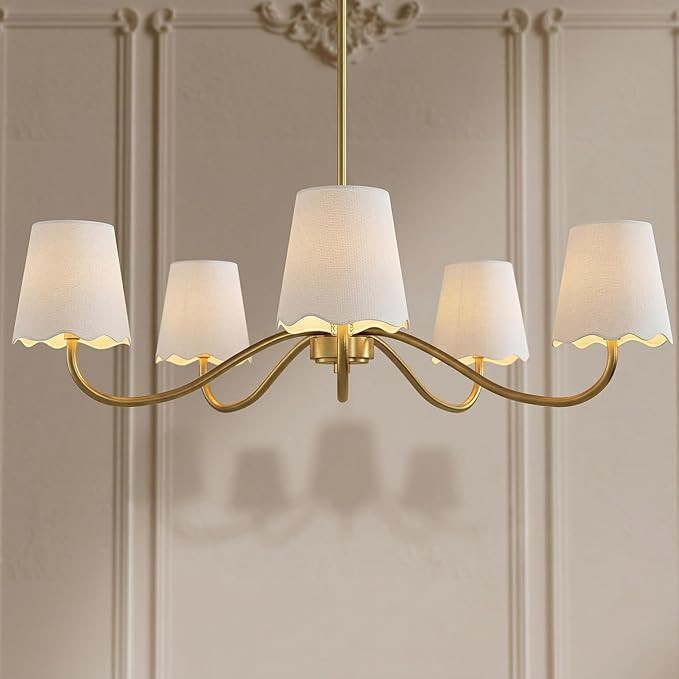 31.8" Brass Chandelier with Beige Fabric Shades, 5-Lights Transitional Gold Ceiling Light Fixture... | Amazon (US)
