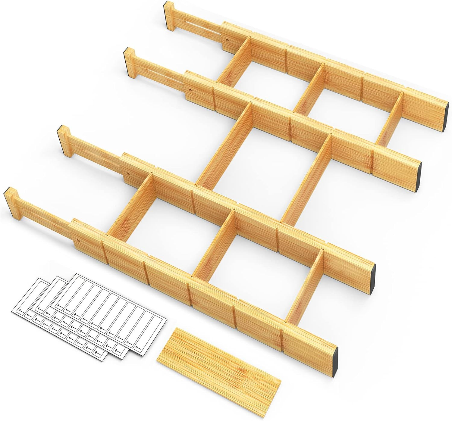 SpaceAid Bamboo Drawer Dividers with Inserts and Labels, Kitchen Adjustable Drawer Organizers, Expandable Organization for Home, Office, Dressers, 4 Dividers with 9 Inserts (17-22 in) | Amazon (US)