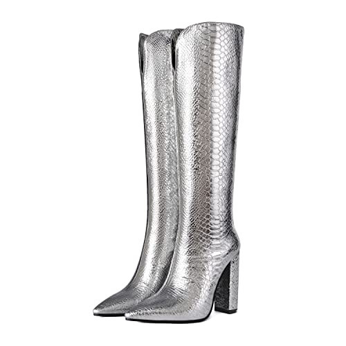 LIWA LIRO Snakeskin Knee High Boots Women Slim Calf Block Heel Pointed Toe Tall Boots Pull On Silver Size 11 | Amazon (US)