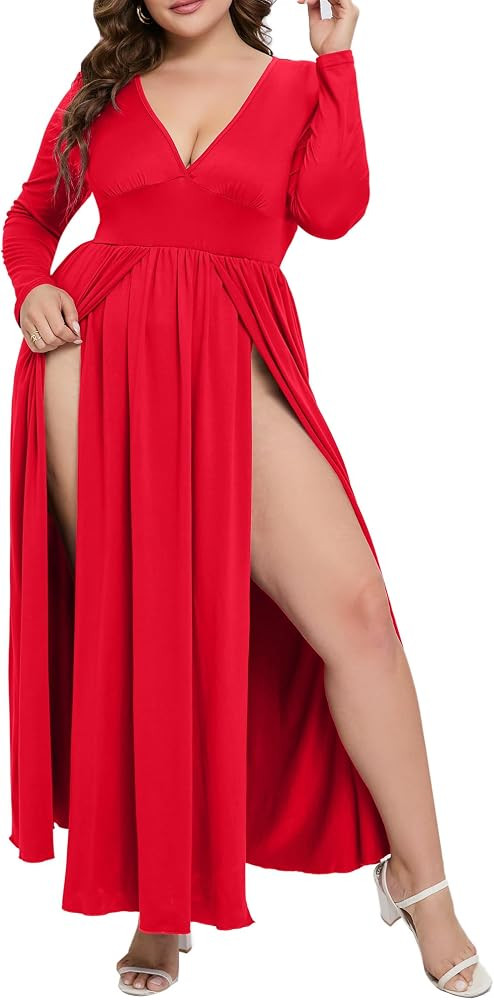 SILUI Women's 2025 Fall Western Dress Sexy Double High Slit Deep V Neck Plus Size Long Sleeve Max... | Amazon (US)