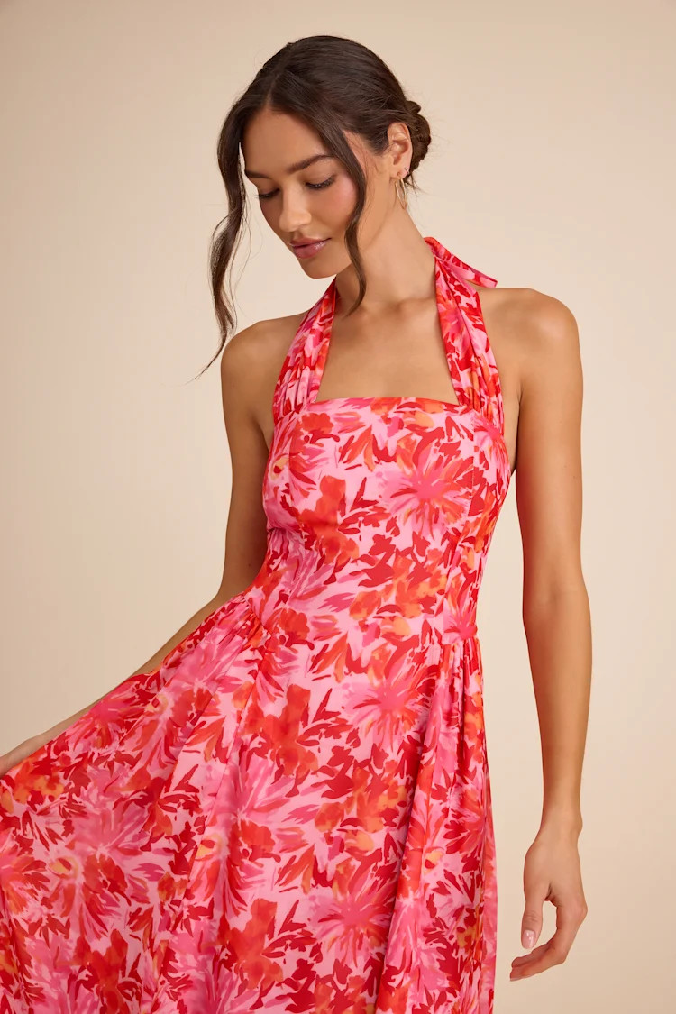 Conway Pink Floral Halter Midi Dress | women Easter dress women | womens Easter dress | Lulus