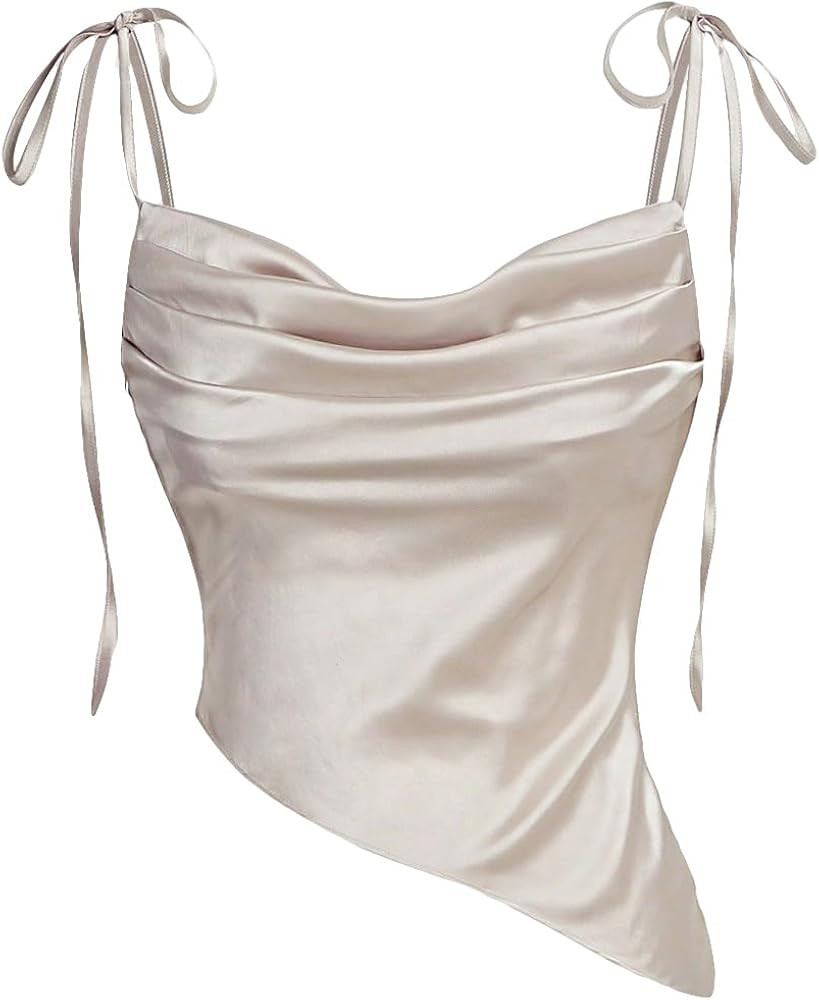 OYOANGLE Women's Tie Shoulder Cowl Neck Draped Front Satin Cami Top Asymmetrical Hem Elegant Cami... | Amazon (US)