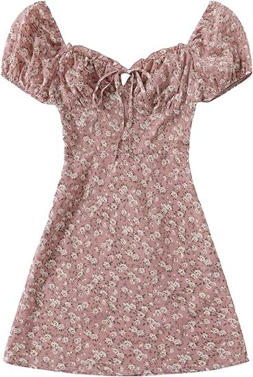 Verdusa Women's Floral Puff Short Sleeve Ruched A Line Dress V Neck Ruffle Mini Short Dresses | Amazon (US)