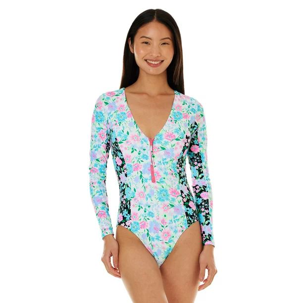 Celebrity Pink Women’s Zip-Front One-Piece Swimsuit with Long Sleeves | Walmart (US)