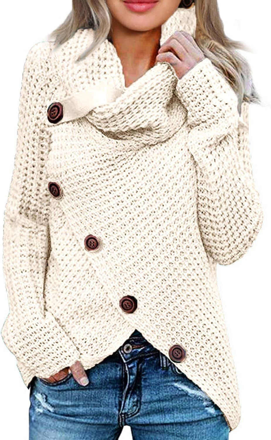 TEMOFON Women's Turtle Cowl Neck Sweater Long Sleeve Casual Button Asymmetric Hem Wrap Pullover S... | Amazon (US)