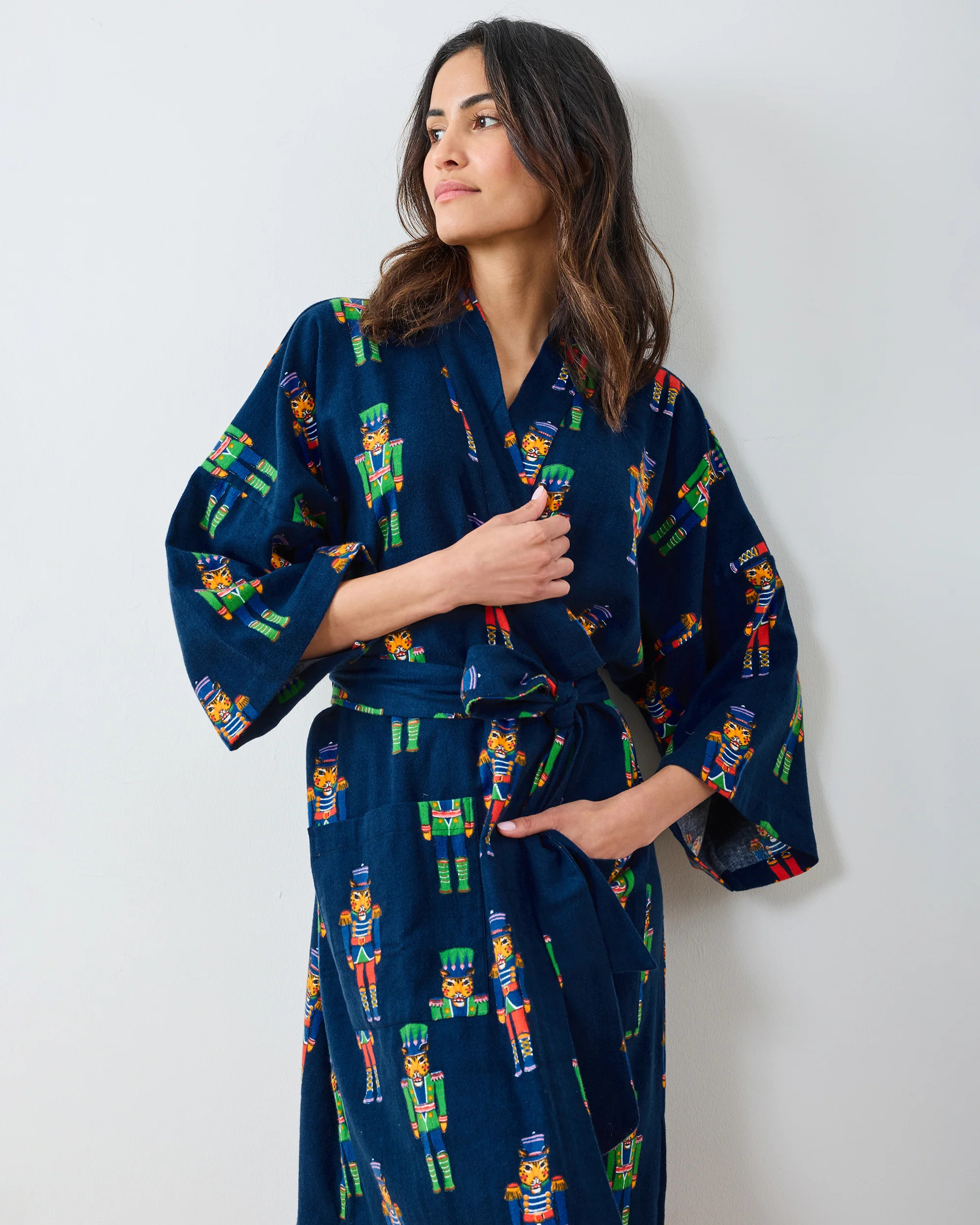 Leopard Nutcrackers - Midweight Flannel Long Robe - Navy | Printfresh