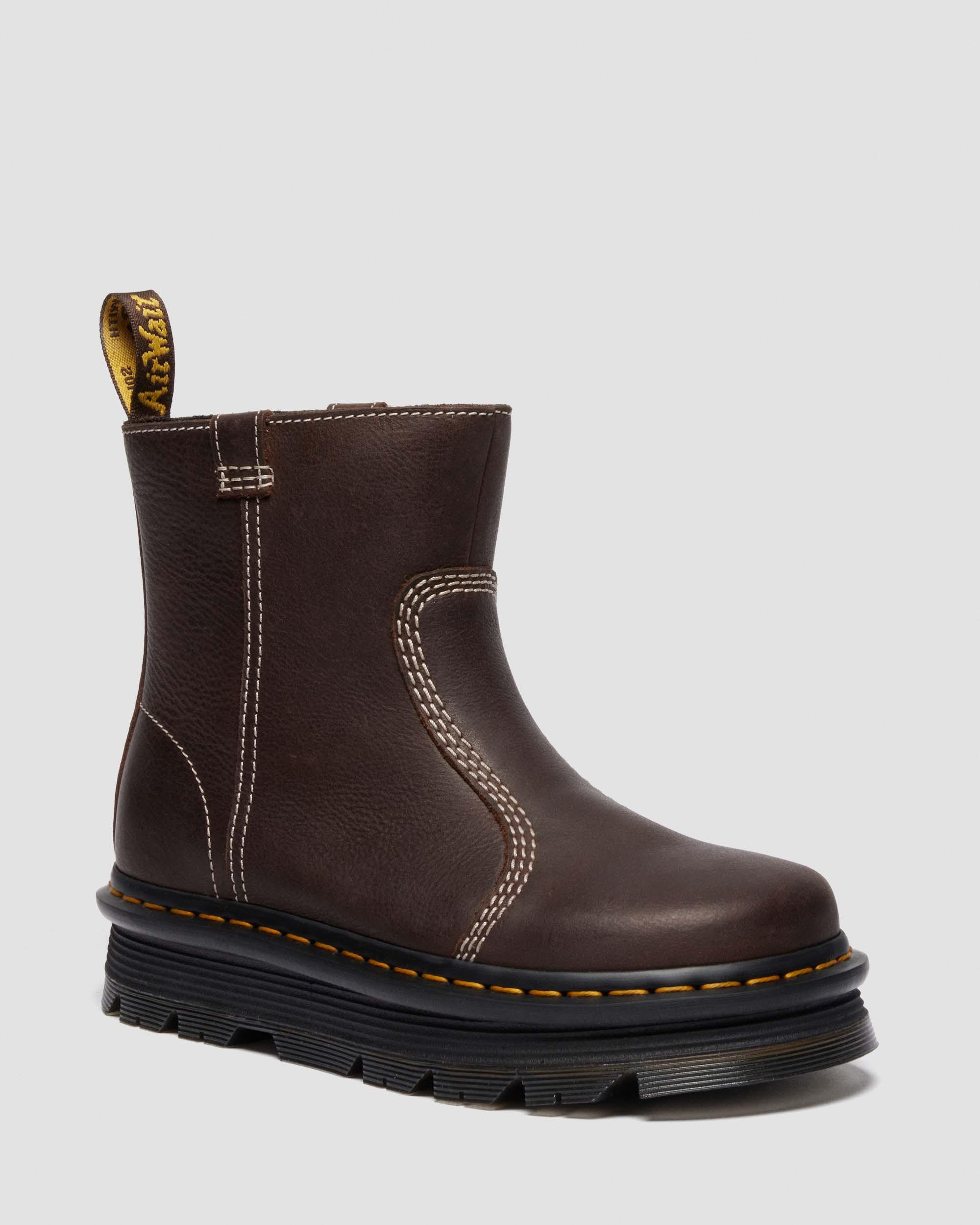Zebzag Rigger Slip On Leather Boots in Dark Brown | Dr. Martens | Dr. Martens
