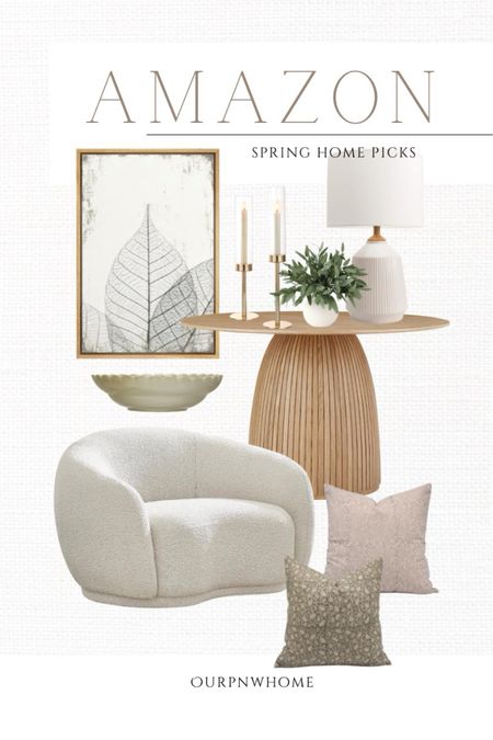 Spring home finds from Amazon!

Modern accent chair, boucle armchair, white chair, living room furniture, dining room table, round dining table, pedestal dining table, fluted dining table, neutral wall art, scalloped bowl, home decor, Amazon home, fluted table lamp, neutral home, spring throw pillows, green accent pillows, table pillows, hurricane candle holder, faux greenery, faux arrangement, tapered candlesticks

#LTKhome #LTKSeasonal #LTKstyletip