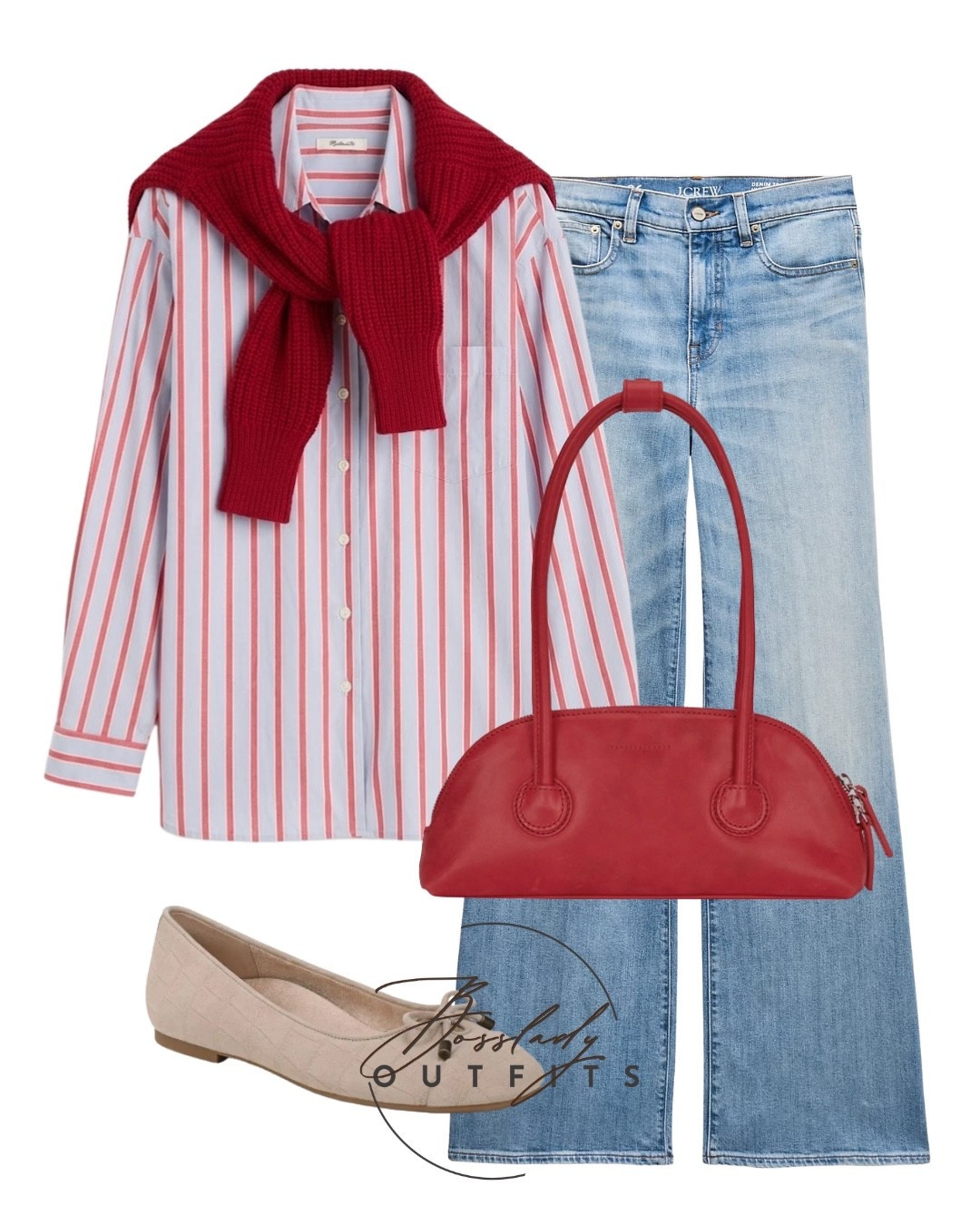 The Ultimate Preppy Spring Uniform 🍒✨
Master the art of transitional dressing with this effortless, everyday outfit formula. A crisp striped button-down paired with light-wash flare jeans is a timeless classic. I love adding a pop of cherry red with a draped chunky knit sweater and a matching structured shoulder bag to elevate the entire look. Finished off with comfortable nude suede ballet flats for that perfect touch of chic, French-girl-inspired style.

#LTKsummer #LTKshoes #LTKstyletip