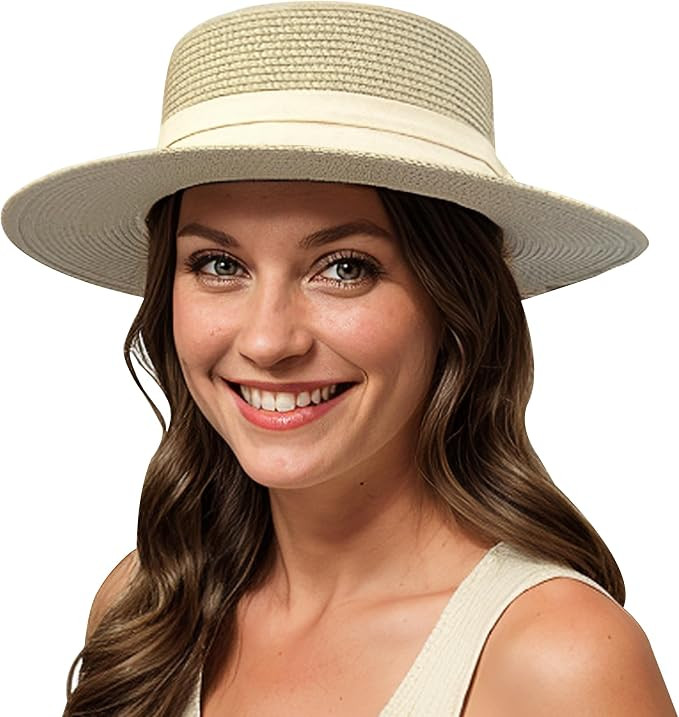 Lanzom UPF50+ Women Wide Brim Straw Panama Sun Hat Boater Summer Beach Sun Hat | Amazon (US)