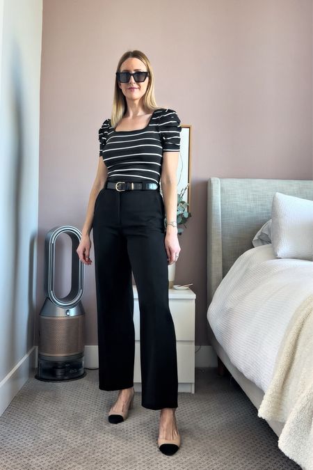 Easy business casual look 

Black trousers, striped top, cap toe shoes and a belt. Add a blazer to make it more professional 

#LTKfindsunder100 #LTKstyletip #LTKworkwear