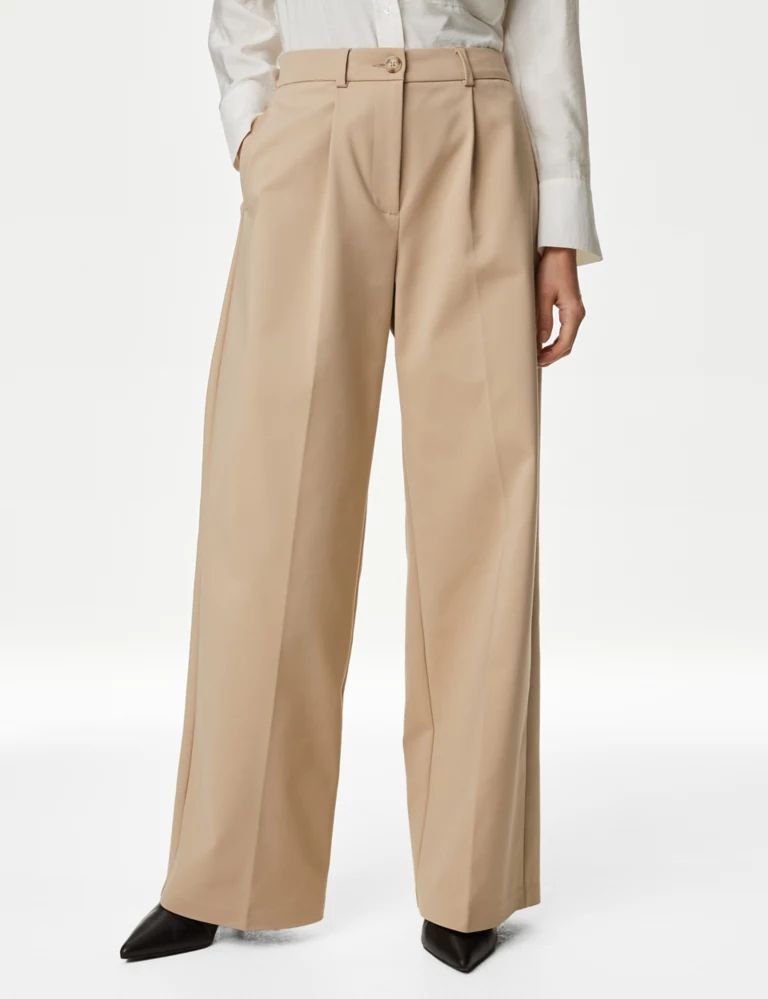 Cotton Blend Pleated Wide Leg Trousers | Marks & Spencer (UK)