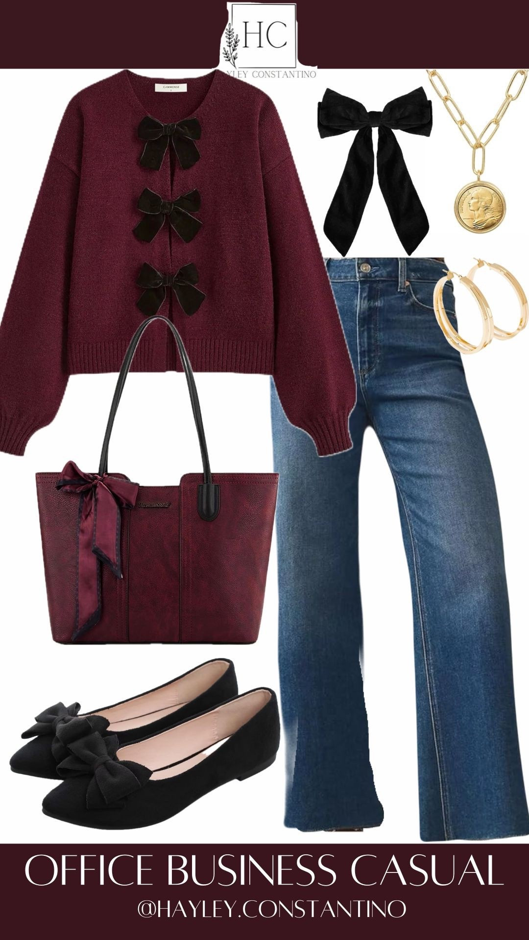 Office, but make it bow-tiful. 🎀
This outfit is giving polished professional with a flirty wink. The rich burgundy sweater steals the show with its velvet bow details—soft, feminine, and just dramatic enough to say “I mean business… but I’m also adorable.” Paired with classic medium-wash straight-leg jeans, it keeps things relaxed yet refined.
The black bow flats tie everything together (yes, pun intended), adding comfort without sacrificing charm. Gold hoops and a coin pendant necklace bring in a little boss-energy shine, while the matching burgundy tote says, “I carry confidence—and probably snacks.”
Where to wear it:
💼 Business casual office days when you want compliments before coffee
🧑‍💻 Client meetings where polished-but-approachable is the vibe
🍷 After-work dinners or happy hour (no outfit change required)
☕ Casual Fridays that still deserve a little effort
🛍️ Lunch meetings or networking events where style is part of your résumé

Classic meets cute. Professional meets playful. Proof that business casual doesn’t have to be boring—it can have bows and still get things done. 💅✨

#LTKWorkwear #LTKOver40 #LTKootd