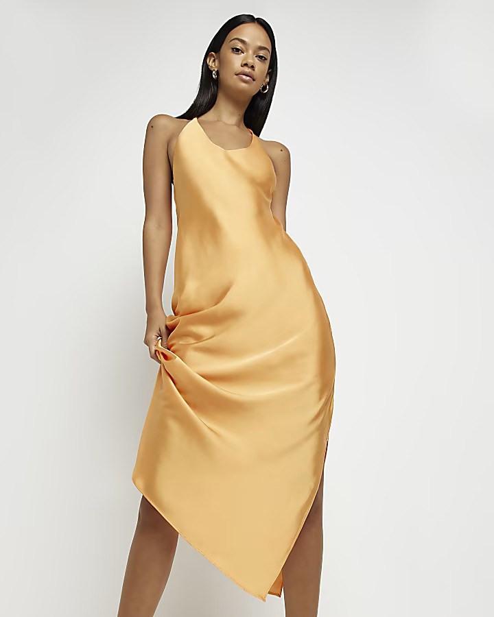 Orange satin cowl slip midi dress | River Island (UK & IE)