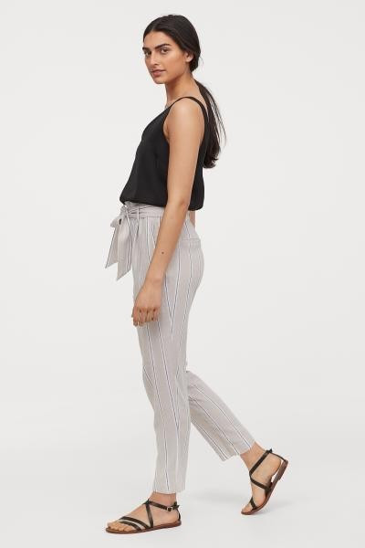 Linen-blend Paper-bag Pants - Taupe/striped - Ladies | H&M US | H&M (US + CA)
