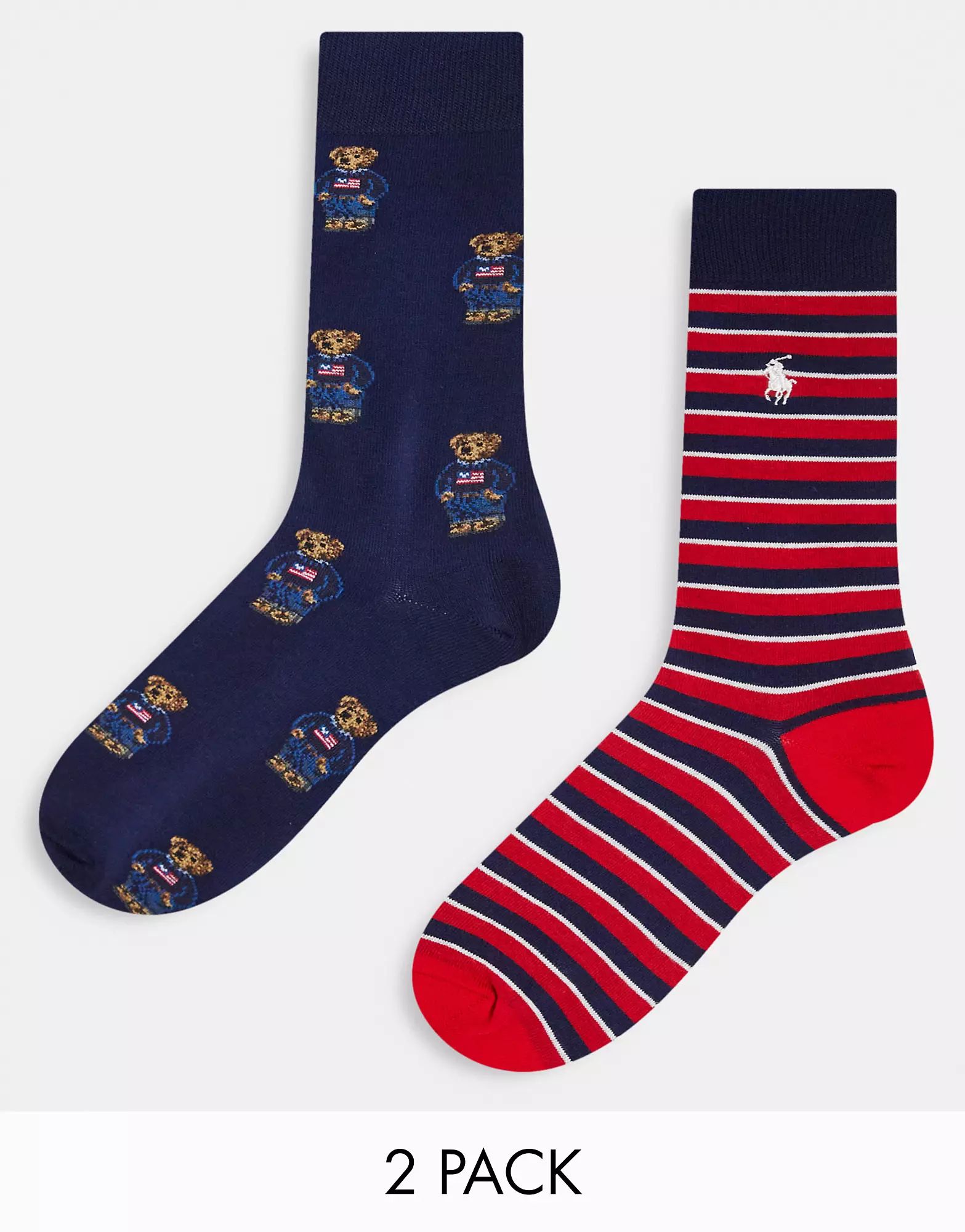 Polo Ralph Lauren 2 pack all over bear socks/stripe in navy, red | ASOS (Global)