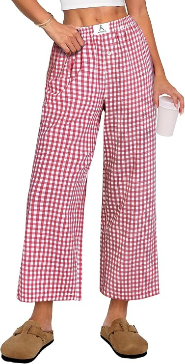 ANRABESS Womens Gingham Striped Pants, Palazzo & Cropped, Comfy & Cute, Lounge Pajama Plaid PJ Bo... | Amazon (US)