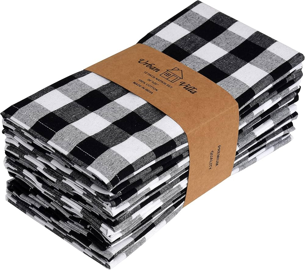 Urban Villa (12 Pack, 20 x 20 Inches) Dinner Napkins Black and White Gingham Buffalo Plaid Checke... | Amazon (US)