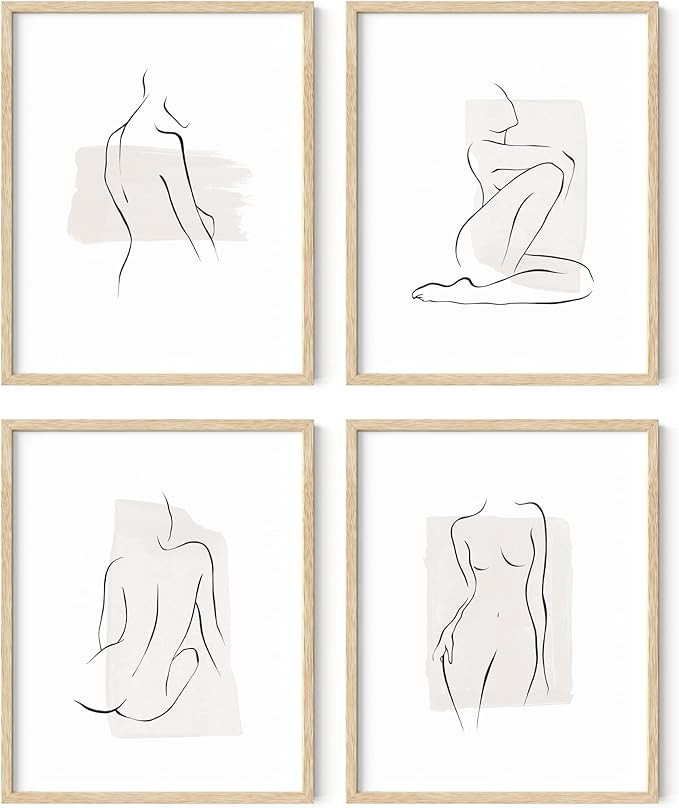 RipGrip Minimalist Wall Art Set of 4 - Neutral Line Art Prints, Beige Wall Decor, Female Figure F... | Amazon (US)
