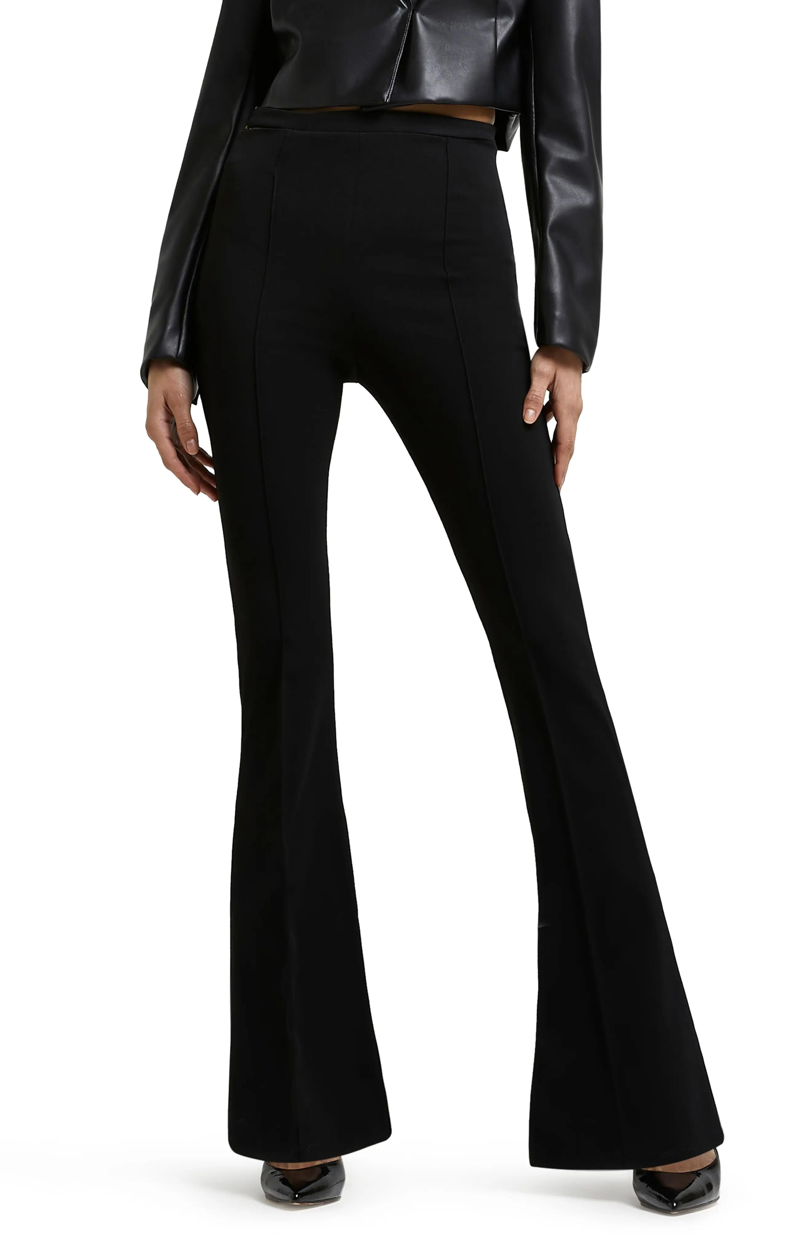 RIVER ISLAND Waist Detail Trim Flare Jeans in Black at Nordstrom, Size 14 | Nordstrom