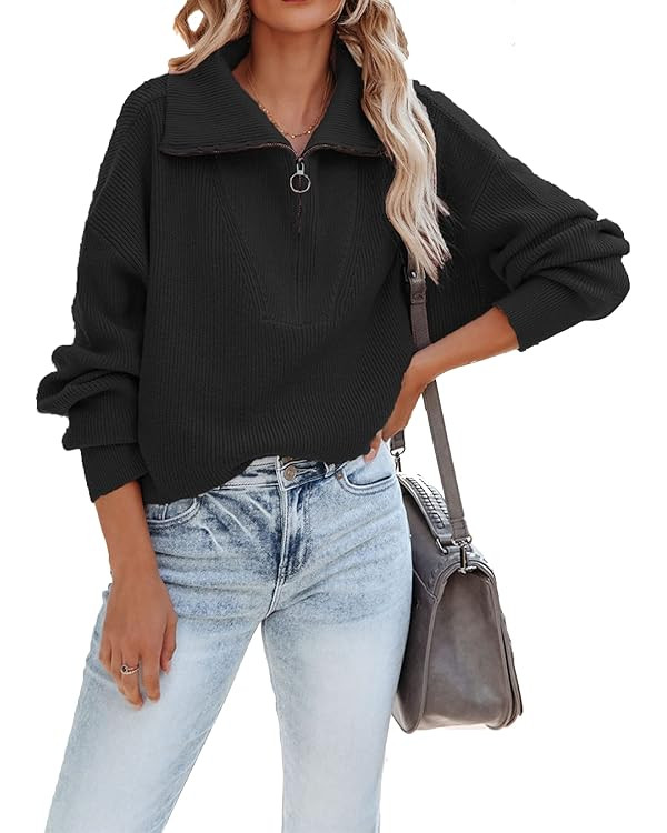 HOTOUCH Womens 1/4 Zip Collar Lantern Long Sleeve Pullover Sweaters V-Neck Drop Shoulder Sweatshi... | Amazon (US)