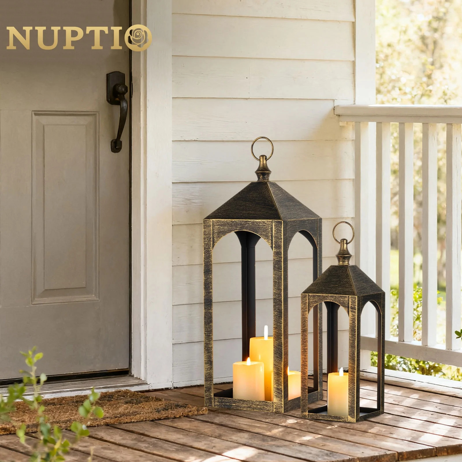 Nuptio Decorative Tall Brass Gold Metal Pillar Candle Holder Lantern, Indoor Outdoor Lanterns for... | Walmart (US)