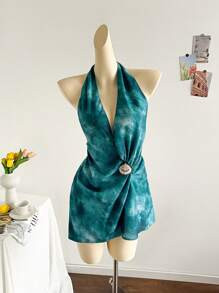 Soleia Women's Vacation Colorful Gradient Tie-Dye Deep V Wrap Shell Decor Backless Bow Ruched Min... | SHEIN