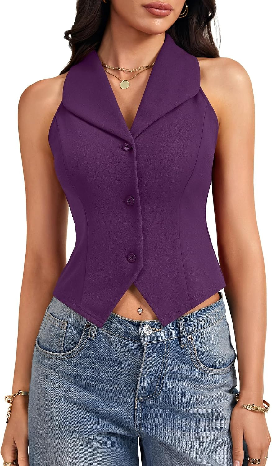 Rooscier Women's Button Down Slim Fashion Vest Tops | Amazon (US)