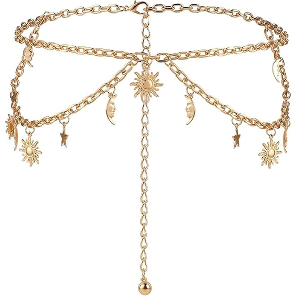 Gold Waist Chain for Women Multilayer Chain Belt Sun Moon Star Layered Belly Body Chain Metal Wai... | Amazon (US)