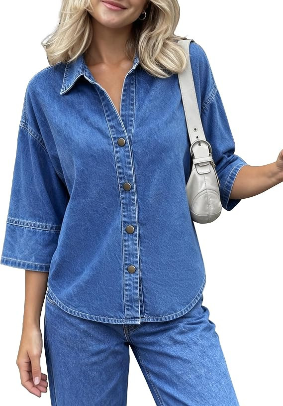 Denim Shirt Women Oversized Button Down Jean Blouse 3/4 Sleeve Casual Lightweight Short Top V Nec... | Amazon (US)