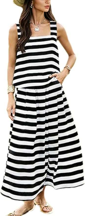 Womens Summer 2 Piece Skirt Set Striped Sleeveless Tank Top Maxi Dress Travel Outfits Matching Se... | Amazon (US)