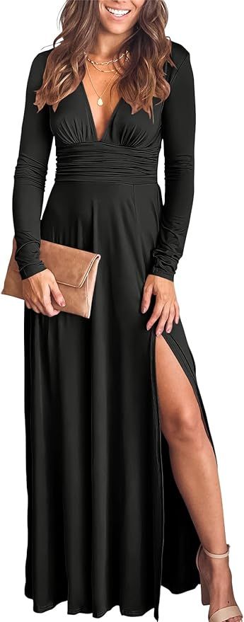 ANRABESS Women's Deep V Neck Short Sleeve Long Dresses Pleated High Waist Slit Club Party Evening... | Amazon (US)