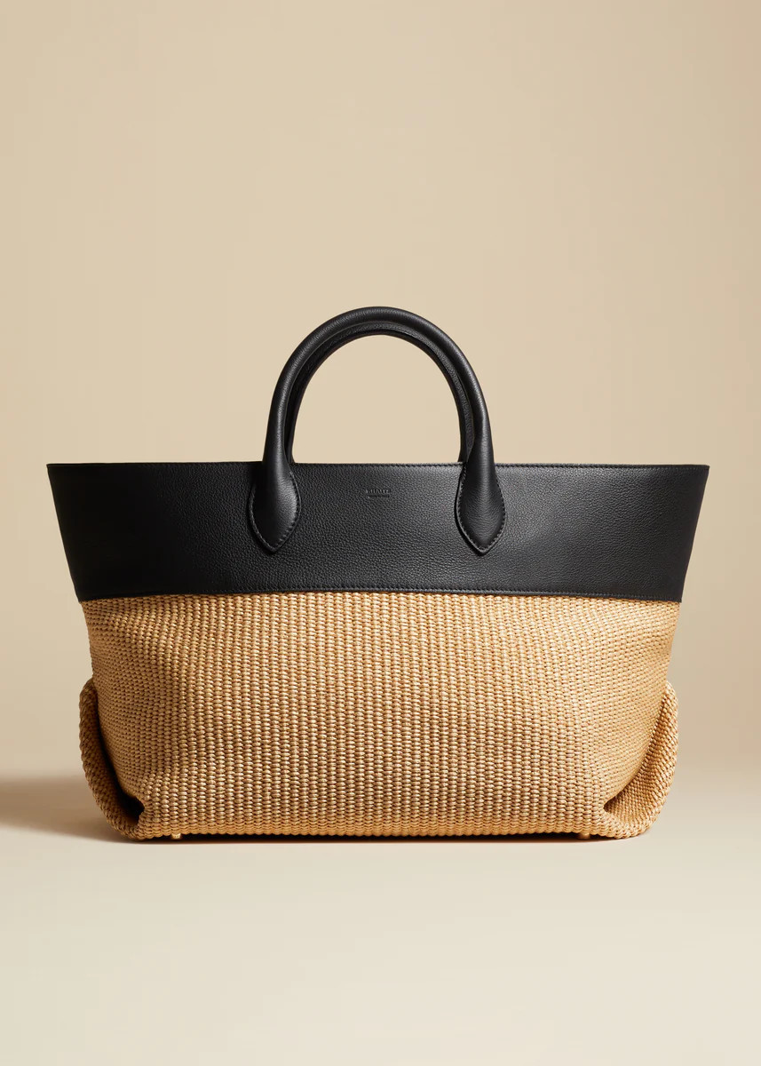 The Medium Amelia Tote in Natural Raffia and Black Leather | Khaite