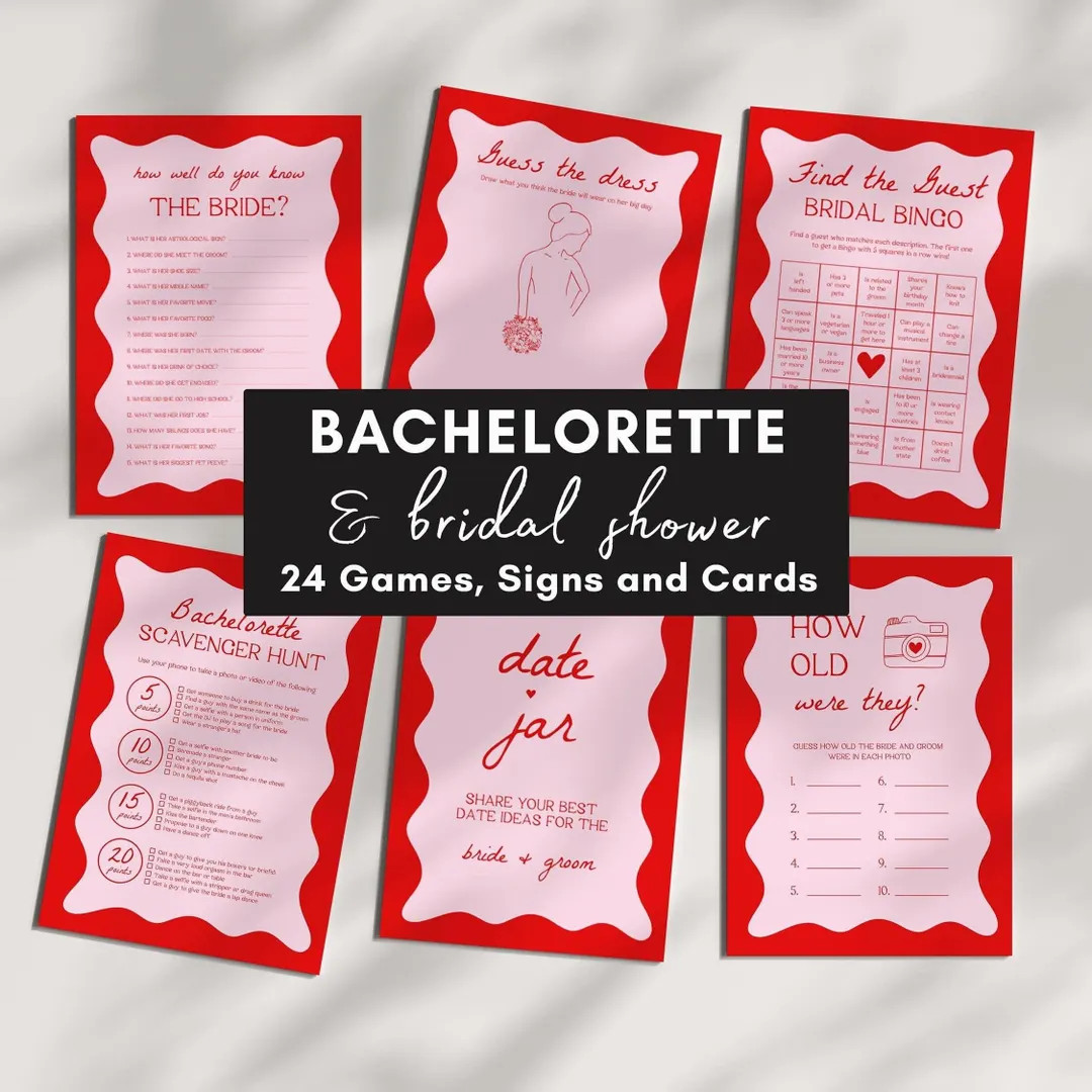 Bridal Shower Games Bundle | Bachelorette Party Games, Hen Party, Red and Pink, 24 Editable Brida... | Etsy (US)