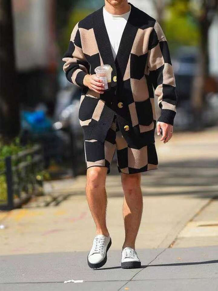 Manfinity LEGND Men Checker Pattern Drop Shoulder Cardigan & Knit Shorts | SHEIN