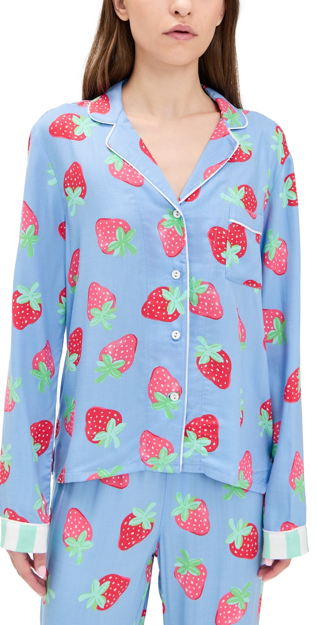 PJ Salvage Strawberry Long Sleeve Pajama Top Bright Blue XS | Shopbop